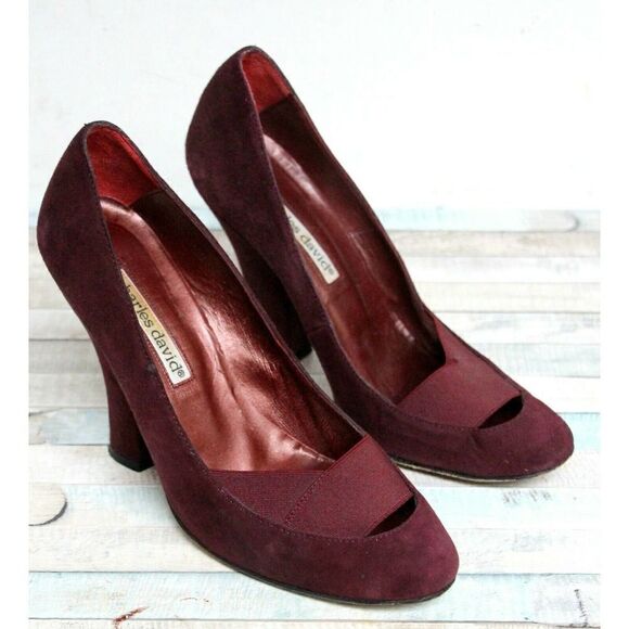 VTG CHARLES DAVID DARK RED GENUINE SUEDE LEATHER ELASTIC HIGH HEEL SHOES 6.5 B - Picture 2 of 12